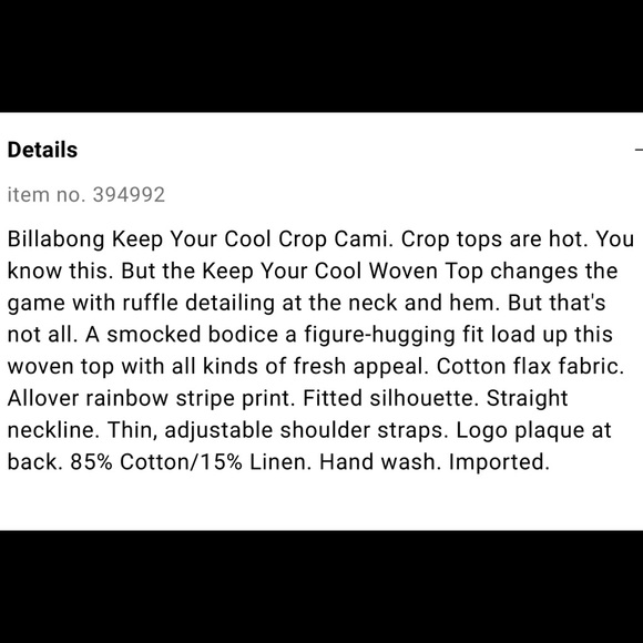 NWT Billabong Keep Your Cool Crop Cami - Picture 7 of 8